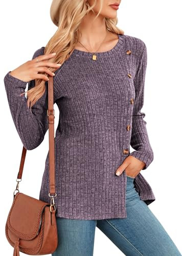 NARRAME Top da Donna Maglioni Invernali a Maniche Lunghe da Donna Bottoni Spacco Laterale Casual Viola Medio