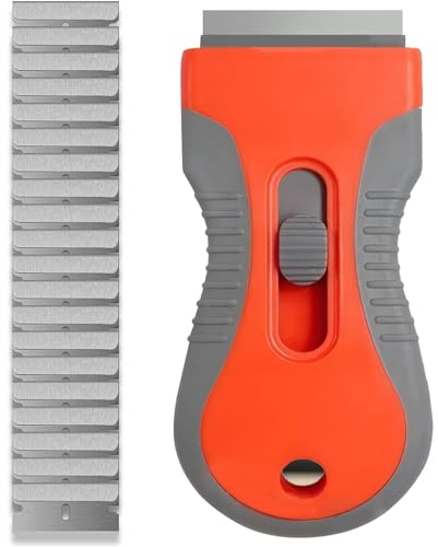 Ensemble D'outils de Grattoir, Grattoir de Four Et de Cuisinière en Plastique 1 Pièce Avec 20 Lames Métalliques, Outil de Nettoyage de Grattoir de Fenêtre en Plastique (Orange)