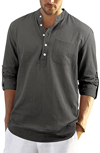 Enlision Mens Dark Gray Cotton Linen Shirts Long Sleeve Shirt Button Down Henley Shirts Lightweight Casual Plain Tops for Men 5XL