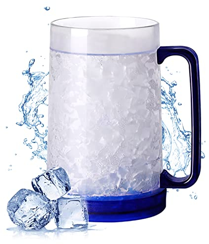 Boccale di Birra Refrigerante, Darryy Bicchieri Freezer Birra, 450 ML Bicchiere Birra Doppia Parete, Boccale Birra in Plastica, Boccali da Birra con Manico per Mantenere Fresche Bevande(Blu)