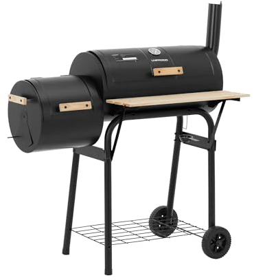 Uniprodo UNI_BG_01 Grill mit Smoker Eisen/Holz 2 Kammern Gitter in Bodennähe 2 Ablagen aus Holz für Grillgut, Besteck Holzkohlegrill Smoker mit Grill Kohlegrill Grillwagen