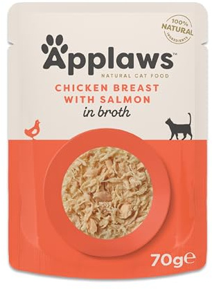Applaws Nourriture Humide 100% Naturelle pour Chat, Poitrine de Poulet avec Saumon en Bouillon - Pack de 12 Poches de 70g