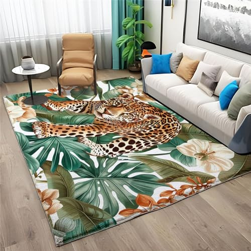Waschbarer Rutschfester Teppich 80 x 150 cm, Leopardenzweig Mit Tiermotiv Farbechte Matte - Strapazierfähiger Bodenläufer für Flur Eingangsbereich Wohnzimmer und Hochfrequentierte Bereiche - Farbe