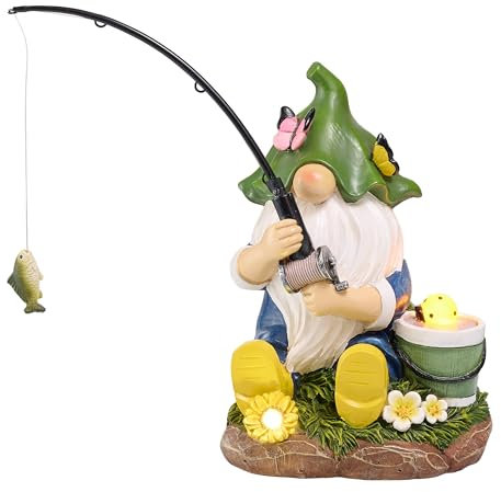 TERESA'S COLLECTIONS Gartenzwerge Gartendeko für Draußen,18cm Wetterfest Figur mit Solarleuchte,Fischen Gartenfiguren draußen,Gartenwichtel Gartendeko Solar,Balkon Deko