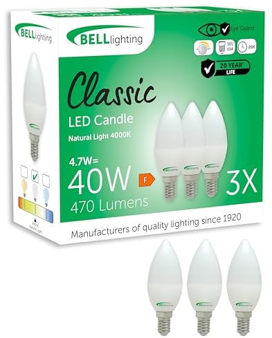 BELL Lighting E14 LED Candle Bulbs 3 Pack | 4.7W 470 Lumen Natural White 4000K | Small Edison Screw SES | Dimmable LED Light Bulb | Energy Saving Candle Bulbs | 40W Equivalent | Cool White Lighting