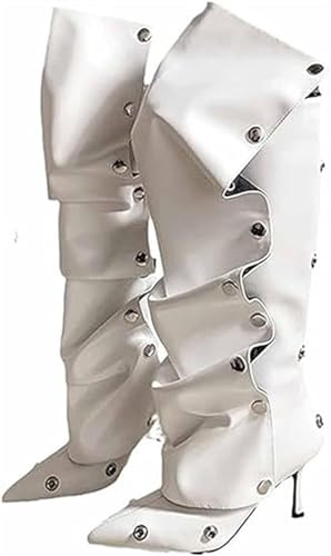 Donna Tacco a Spillo Tacco a Spillo al Ginocchio Stivali A Punta Staccabili Bottone a Pressione Pannello Piegare Borchiato Stivali Sexy Cowboy Zip Posteriore Stivali Alti Stivali(White,36 EU)