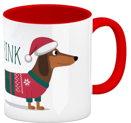 speecheese Weihnachts-Dackel LONGDRINK Kaffeebecher in rot Mit festlicher Weihnachts-Dackel Illustration Hund mit Weihnachtsmütze Pullover auf weißem Kaffeebecher in rot