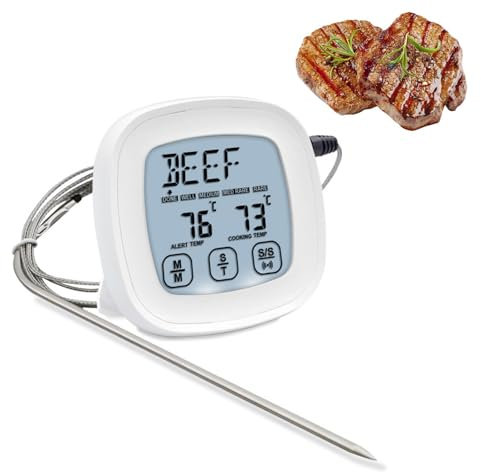 Digital Kitchen Meat Thermometer, LCD Display Full Touchscreen Waterproof Thermometer with Timer Alarm, Stainless Steel Long Food Temperature Probe for Liquids, Oven, Smoker, BBQ, Oil, Frying Cooking