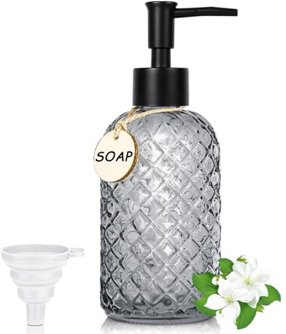 400ml Seifenspender Bad, Edelstein-Design Seifenspender Glas Spülmittelspender für Küche Nachfüllbarer Pumpspender mit Schwarz Kunststoffpumpe, Hölzerne Etiketten, Trichter für Lotionen (grau)