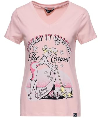 Queen Kerosin Damen T-Shirt · Printshirt · Vintage · Logodruck · 50s · Retro · Rockabella · Rockabilly · Slim Fit · Elastisch · V-Ausschnitt · Kurzarm · Sweep It Under The Carpet