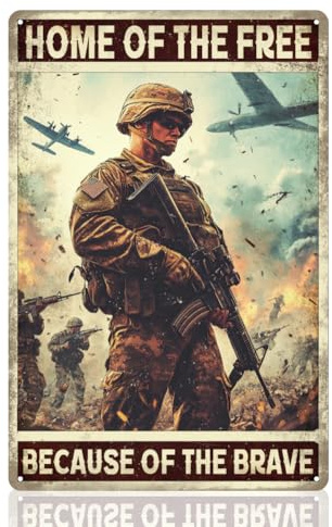 Scvgfdxzs Wanddekoration, patriotischer Soldat, Home of the Free Because of the Brave Man Cave, Wandkunst, Garage, Vintage-Militär-Metallblech, Poster für Zuhause, Zimmer, Dekoration, Geschenk