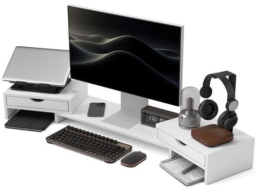 HOMCOM Rehausseur écran PC bureau support d'écran d'ordinateur de 60-116 cm support moniteur avec 2 tiroirs, longueur et angle réglables, pour ordinateur portable, PC, blanc