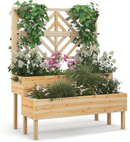 RELAX4LIFE Jardinière Treillis Bois à 2 Niveaux, Jardinière sur Pieds avec Treillis pour Plantes Grimpantes, Trou de Drainage, Carré Potager Surélevé pour Balcon Jardin Terrasse (Naturel)