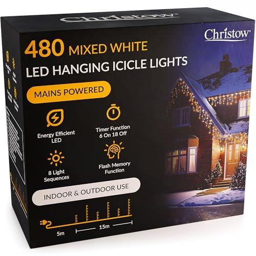 CHRISTOW Hanging Icicle Christmas Lights, Mixed White, 480 LEDs | 5mm LEDs, 30/60cm Drops, 8 Modes, Memory, 6-Hour Timer, Mains Powered, 5m Cable, Indoor/Outdoor Use, 15m Lit Length