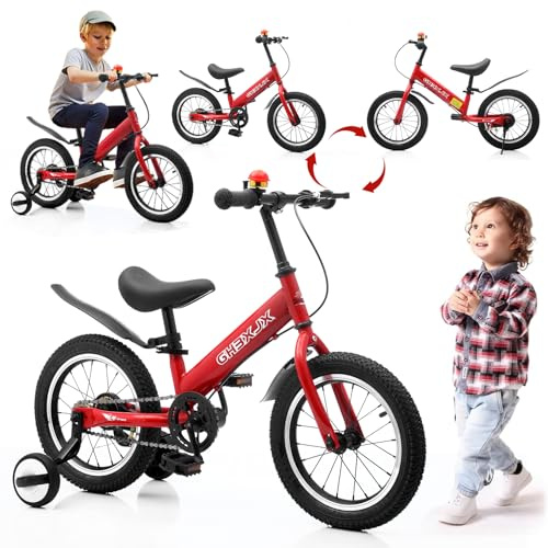GHBXJX 3-in-1 Laufrad ab 3 Jahre/Balance Bike mit Bremse & Fußstütze, höhenverstellbar 47–56 cm, 14 Zoll PU-Profilreifen, Seitenständer, Karbonstahl-Rahmen, für Jungen & Mädchen,Rot