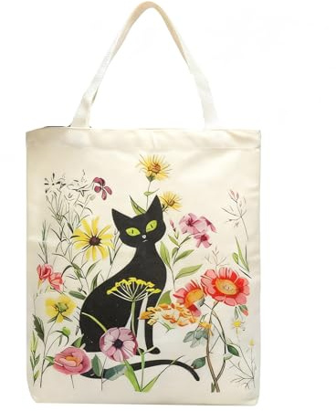VQBKHO Stofftasche Baumwolltasche,Stoffbeutel Katze Geschenk Geräumige Tote Bag mit schwarzer Katze & Wildblumen faltbar Geschenk für Katzenliebhaber Damen Lehrerinnen zum Alltag Büro Geburtstag