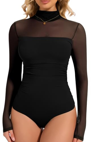 Joyshaper Women Bodysuit Turtleneck Long Sleeve Mesh Leotard Tops Sexy Elegant Mock Turtle Neck Body Suit Shirts