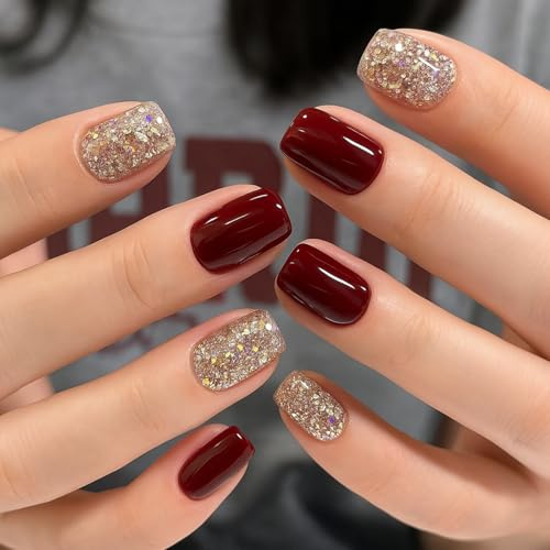 Christmas Press On Nails Short, 24Pcs Red Gold Glitter French False Nails Squar,Gold Glitter with Red Winter Fake Nails,Glossy Glue on Nail with Glue for Women Xmas New Year DIY Nails