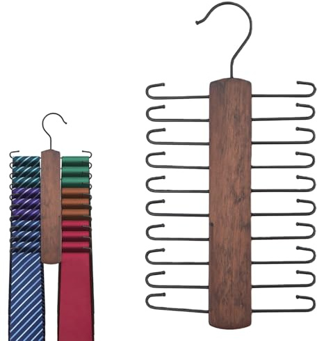 1 Piece Wooden Tie Rack Retro,360 Degree Rotating Belt Hanger,Space Saving Display Holder,with 20 Non-Slip Hooks, for Ties, Scarf, Belts, Accessories