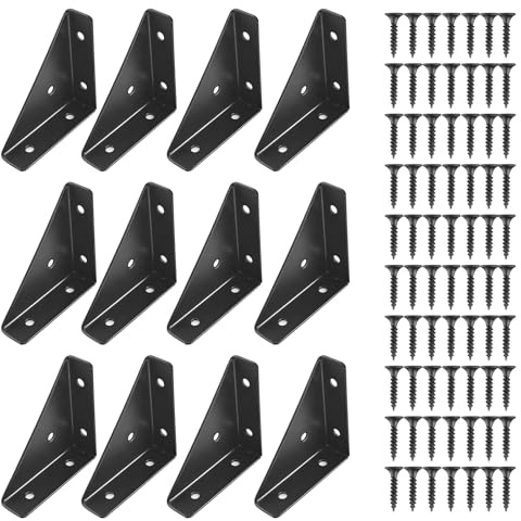 12 Stück 90 Grad Eckwinkel Schwarz aus Metall, Möbel Winkel mit Schrauben, Stabiler Befestigungswinkel für Holzmöbel, Tische, Schränke & Regale