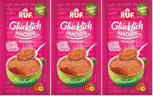 RUF Glücklichmacher Tassenkuchen Haselnuss, trendiger Nusskuchen mit crunchy Haselnussstückchen, in 90 Sekunden fertig, einfach mit Milch anrühren, 1 Portion (Packung mit 3)