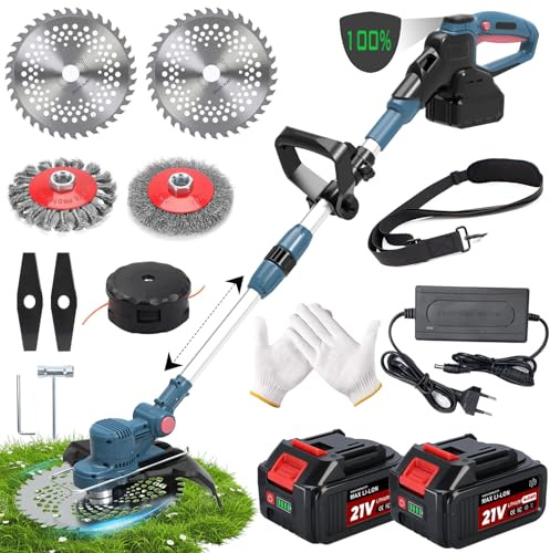 Tagliaerba con batteria e spazzola per erbacce, tagliaerba a batteria 5 in 1, motore brushless 750 W, decespugliatore a batteria con 2×4,0 Ah 21 V, pieghevole, decespugliatore elettrico blu