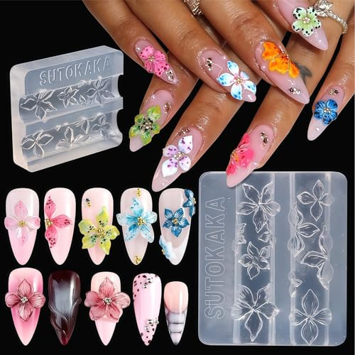 Zosutetoxo Nails Mold, Nail Stamp for Nail Design with Flower Silicone Mold, 3D Gel Nail Art Stamp for DIY Manicure Accessories