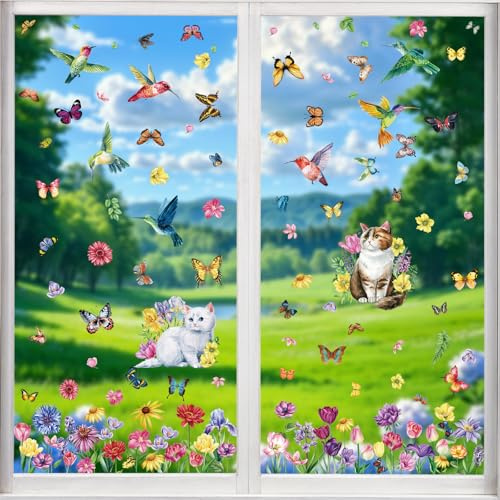 Simpeak 88 stk Fensterbilder Natur, Blume Vogel Schmetterling Katze Selbstklebend, PVC Fensterdeko Fenstersticker, Fensterdekoration Fensterwand Badezimmer Kühlschrank, 10 Blatt