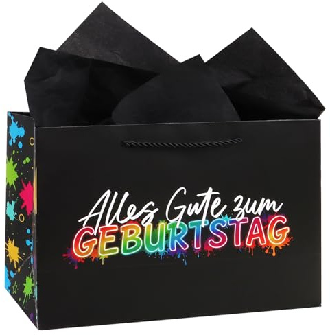 COMOOKA 31x12x21cm Geschenktüte Geburtstag + 2 Schwarze Seidenpapier Groß XL Neon Party Geschenktasche Papiertüte mit Henkel Happy Birthday Mann Junge Mädchen Teenager Tüte Geburtstag