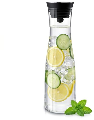 Arendo - Glaskaraffe 1700 ml, Karaffe aus Glas mit Deckel 1,7 L, Wasserkaraffe mit Silikondeckel und integriertem Grobfilter aus Edelstahl, Borosilikatglas, Temperaturbereich –20 °C bis +150 °C