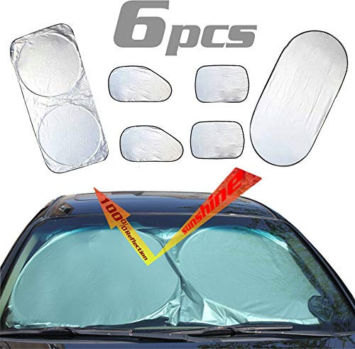 ZoneYan 6 Piezas Parasol Coche Plegable Plata, Reflectante para Ventana Delantera y Trasera Lateral, Apto a la Mayoría de Coches y Suvs