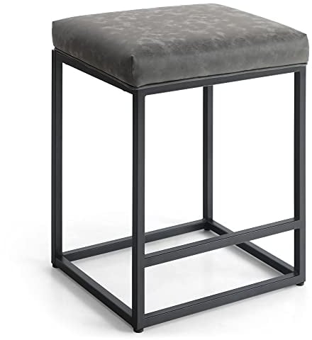 ALPHA HOME Barhocker mit Fußstütze Barstuhl ohne Lehne Grau Barhocker Pu-Leder Sitzhöhe 61cm Barstühle Rückenfreier Sitzhocker mit dickem Kissen und robustem verchromtem Metallgestell, 1PC