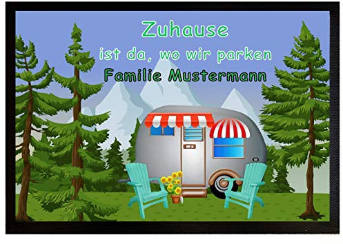 Druckerino Personalisierte Fußmatte mit Namen - 'Zuhause ist da, wo wir parken!' | 50x35 cm waschbar | Camping Zubehör für Wohnmobil & Caravan | Geschenkidee für Camper & Wohnwagenbesitzer