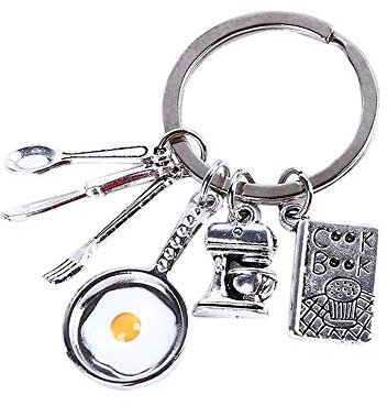SaiDian 1 Pcs Creative Chef Baking Keychain Egg Cutlery Key Chain Spoon Knife Fork Cook Book Pendant Keychain Key Ring Gift for Chef, Silver, Medium