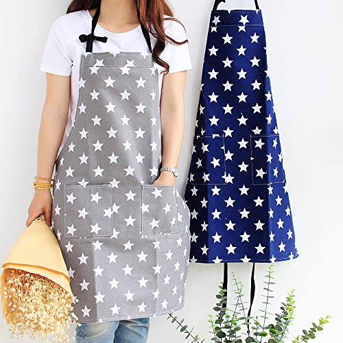 2er Sterne Schürze mit Tasche Baumwolle Leinen Damen Küchenschürze Latzschürze Kochschürze verstellbare Schürze zum Kochen oder Backen grau