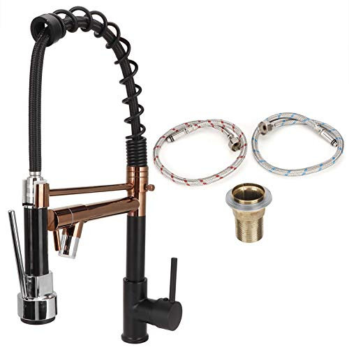Kitchen Faucet, Black Rose Gold Copper Faucet, G1/2 Faucet 360 Degree Rotating Hot Cold Mixer Tap with Black Sprayer LED Light for Kitchen
