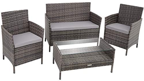 TecTake® Conjunto Jardín Exterior de Ratán y Acero, Muebles Jardín Exterior Resistentes a Intemperie, 2 Sillones, 1 Banco, 1 Mesa Cristal, con Cojines extraibles, Fácil Montaje - Gris