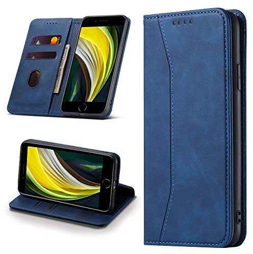 Leaisan Handyhülle für iPhone SE 2022/iPhone SE 2020 Hülle, iPhone 8/iPhone 7 Hülle, Premium Leder Flip Klappbare Stoßfeste Magnetische [Standfunktion] [Kartenfächern] Schutzhülle Tasche - Blau