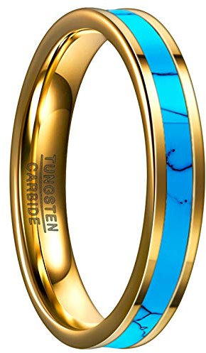GALANI 4mm Wolfram Ring Gold Blau Herren Damen Türkis Ring Freundschaftsring Eheringe Partnerring Kleiner Ring Größe 49.3(15.7)