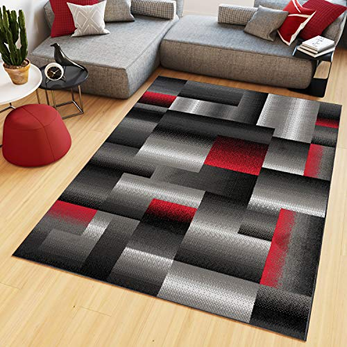 TAPISO Maya Kollektion Teppich Kurzflor Modern Vierecke Streifen Design Schwarz Grau Rot Weiß Meliert Verwischt Wohnzimmer Schlafzimmer ÖKOTEX 160 x 230 cm