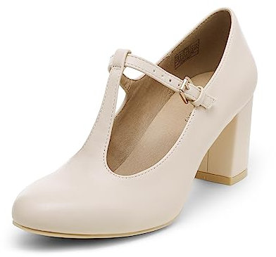 DREAM PAIRS Low Chunky Heels for Women T-Strap Mary Jane Pumps Wedding Dress Shoes,DPU211,Nude/PU,Size 7 US/5 UK