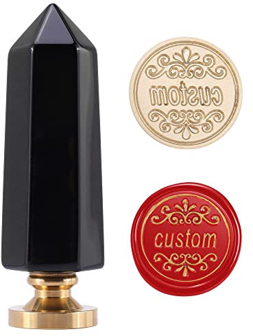 Mogokoyo Personalisiert Siegelstempel Wachs Stempel mit Kristall Säule Hexagon Griff Vintage Kupfer Siegel Kundenspezifische für Hochzeit (Schwarz-Weiß Bild Kundenspezifische, Obsidian)