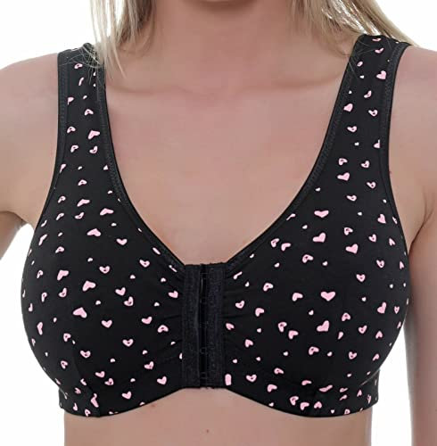 Gemm Front Fastening Bras for Women Non Wired Post Surgery Soft Cotton Lycra Bra Black Pink