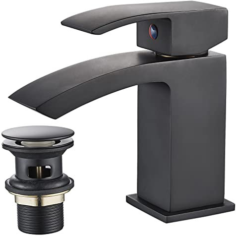 Luckyhome Basin Taps with Waste Mono Bathroom Waterfall Basin Taps Mixer Faucet(Black)