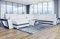 XXL Sofa Wohnlandschaft Catania mit USB und Beleuchtung Ledersofa in U Form Couch mit Kopfstützen (Ottomane Links, Weiß-Schwarz)