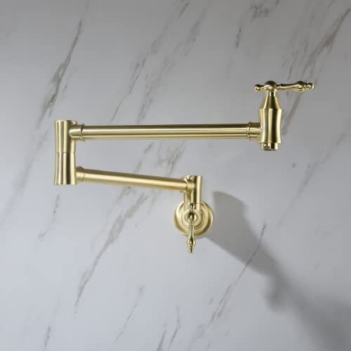Pot Filler Faucet Wall Mounted, Brushed Gold Pot Filler Solid Brass Folding Sink Faucet with Double Joint Swing Arm and Single Hole 2 Handles