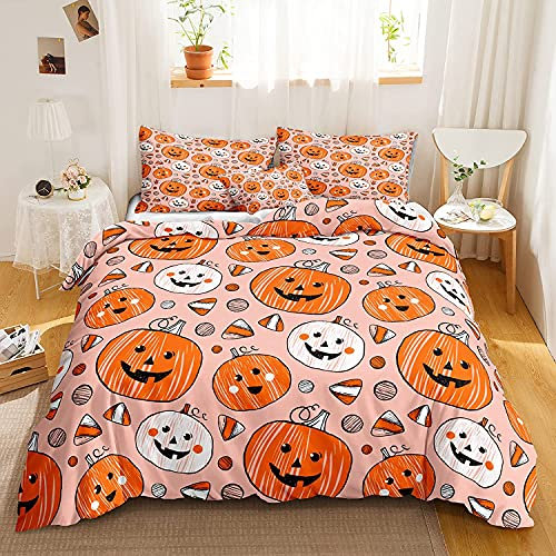 Chanyuan Bettwäsche Halloween 135x200cm Orange Kürbis Laterne Muster für Kinder Jungen Mädchen Weich Mikrofaser Rosa Bettbezug mit Reißverschluss und Kissenbezug 80x80cm
