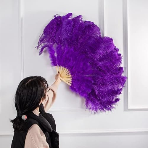 Pink Large Ostrich Feather Fan Decorate Halloween Party Belly Dance Fan DIY 13 Bars Feathers Fan Bars-Purple,13 Bars