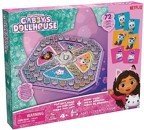Gabby's Dollhouse Sorry Pop Up und Memo Spiel - Zwei Spieleklassiker in einem Set, Sorry (Pachisi) mit Pop Up Würfel und 72 Memo-Karten mit den beliebten Gabby Charakteren, ab 4 Jahren, 2-4 Spieler