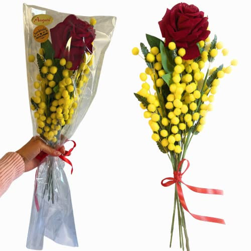Idée Cadeau fête des mères 2025-1 Bouquet de Mimosas avec Rose en Velours - Rose éternelle Fleurie avec Longue Tige en Velours + Mimosas artificiels Longue Tige
